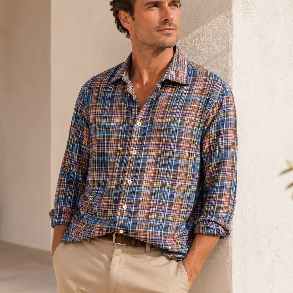 Peter Millar Men's Cotton Button up Shirt Plaid multi color size Large